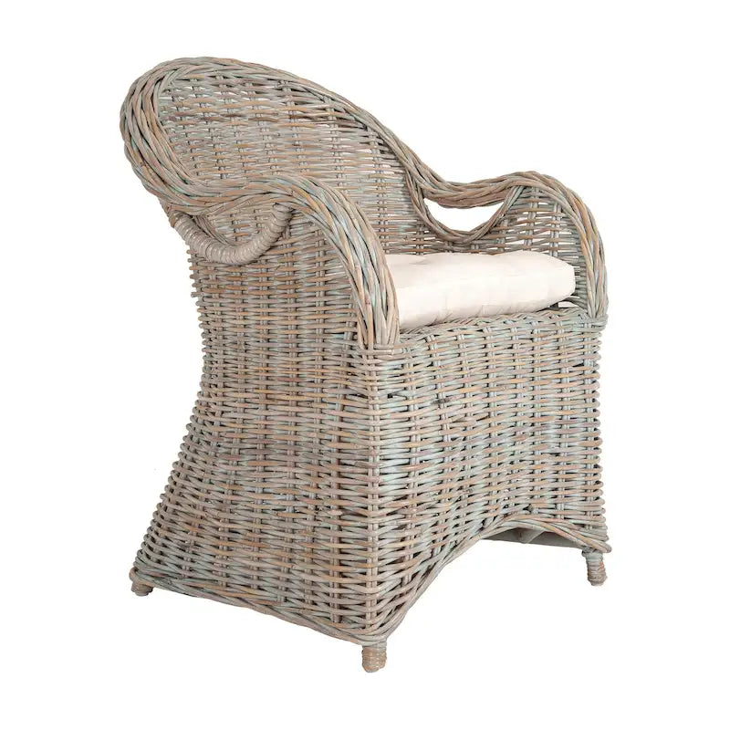 Fauteuil en rotin tressé marron-bleu délavé / blanchi à la chaux avec coussin - Usage unique