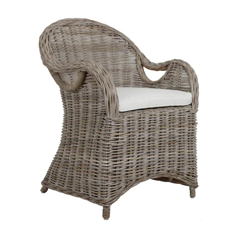 Fauteuil en rotin tressé marron-bleu délavé / blanchi à la chaux avec coussin - Usage unique