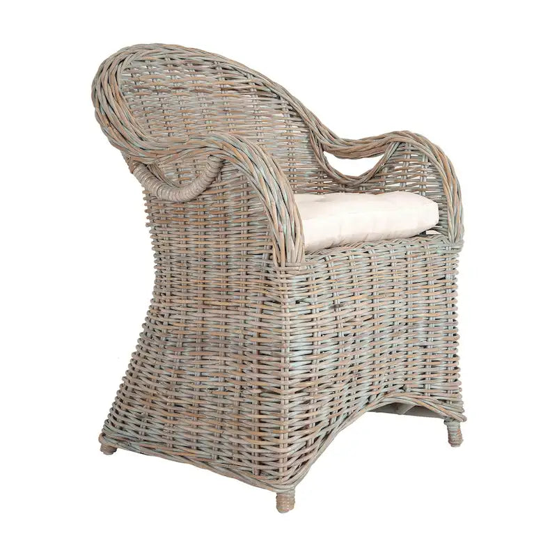 Fauteuil en rotin tressé marron-bleu délavé / blanchi à la chaux avec coussin - Usage unique