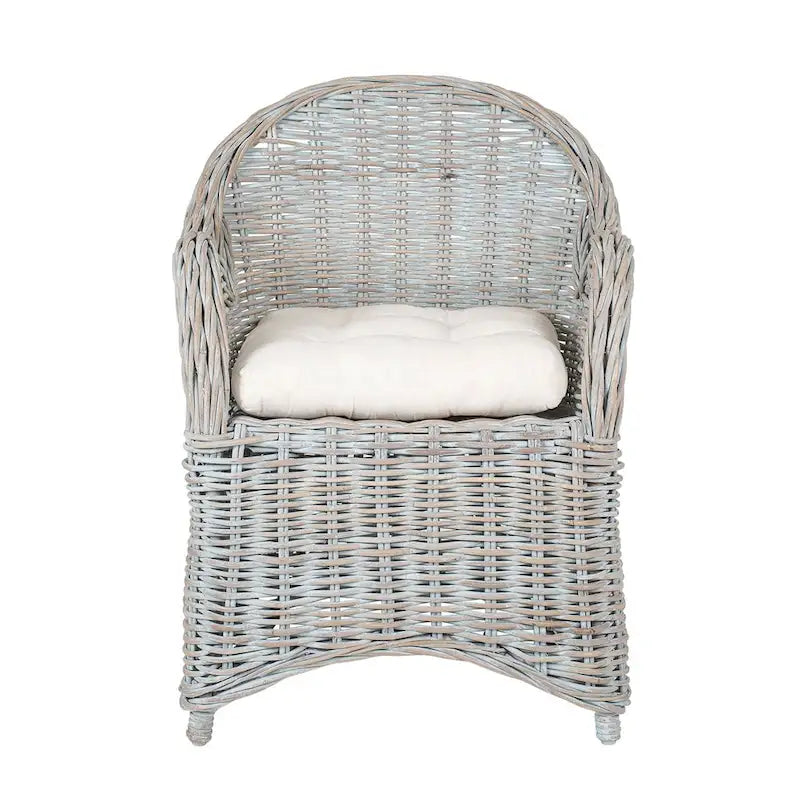 Fauteuil en rotin tressé marron-bleu délavé / blanchi à la chaux avec coussin - Usage unique