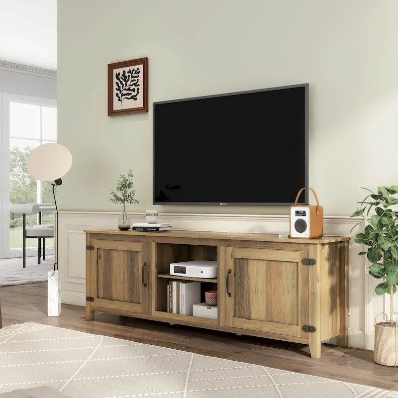Meuble TV moderne Noyer / Gris / Noir avec portes de rangement et étagères ouvertes - Usage unique