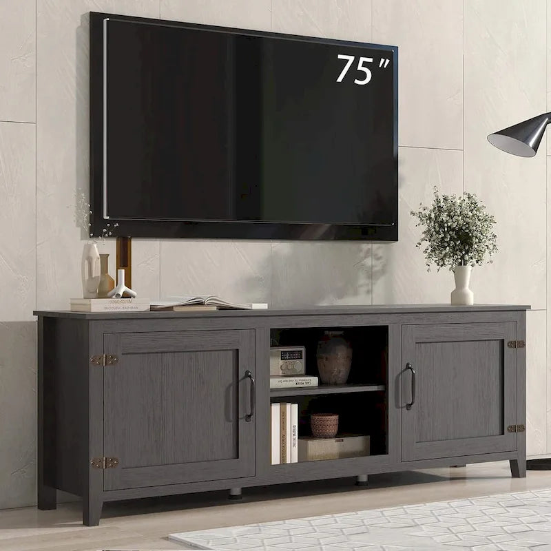 Meuble TV moderne Noyer / Gris / Noir avec portes de rangement et étagères ouvertes - Usage unique