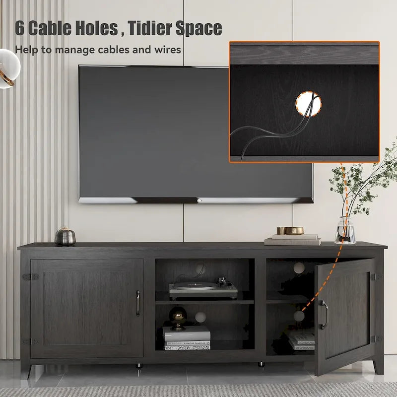 Meuble TV moderne Noyer / Gris / Noir avec portes de rangement et étagères ouvertes - Usage unique