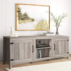 Meuble TV moderne Noyer / Gris / Noir avec portes de rangement et étagères ouvertes - Usage unique