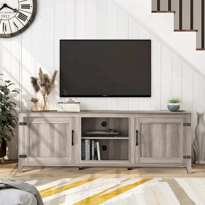 Meuble TV moderne Noyer / Gris / Noir avec portes de rangement et étagères ouvertes - Usage unique