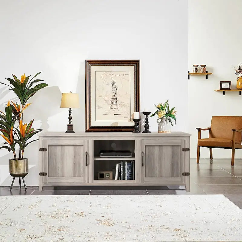 Meuble TV moderne Noyer / Gris / Noir avec portes de rangement et étagères ouvertes - Usage unique