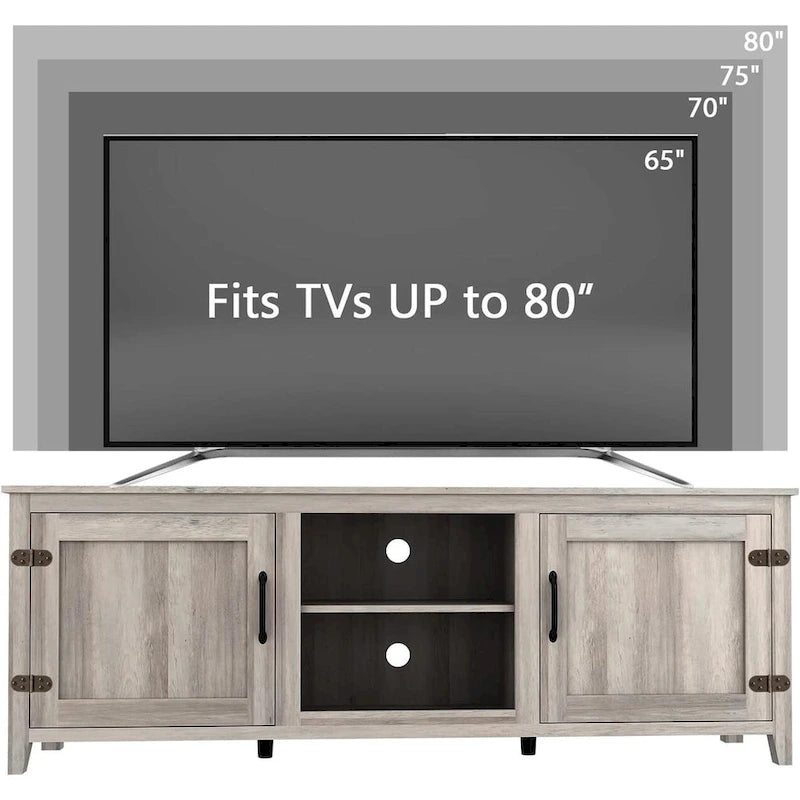Meuble TV moderne Noyer / Gris / Noir avec portes de rangement et étagères ouvertes - Usage unique