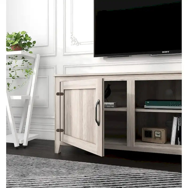 Meuble TV moderne Noyer / Gris / Noir avec portes de rangement et étagères ouvertes - Usage unique