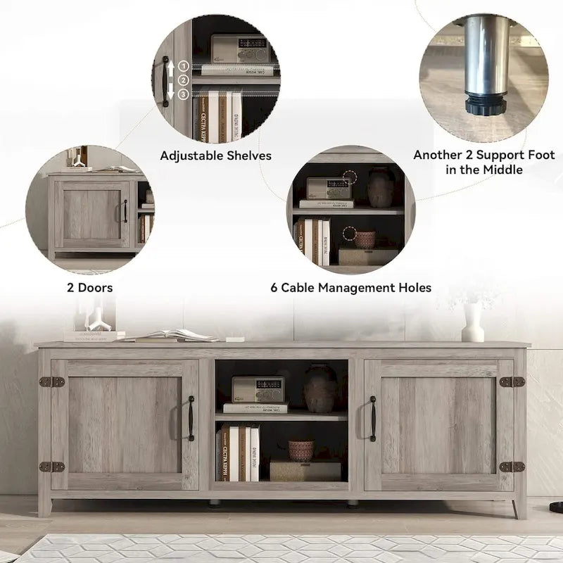 Meuble TV moderne Noyer / Gris / Noir avec portes de rangement et étagères ouvertes - Usage unique