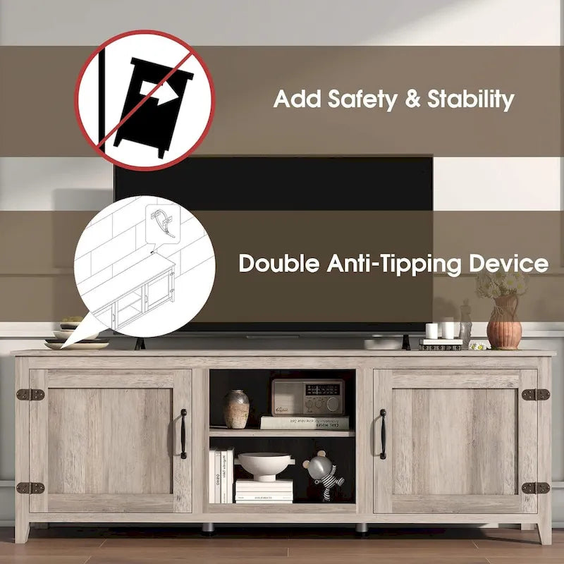 Meuble TV moderne Noyer / Gris / Noir avec portes de rangement et étagères ouvertes - Usage unique