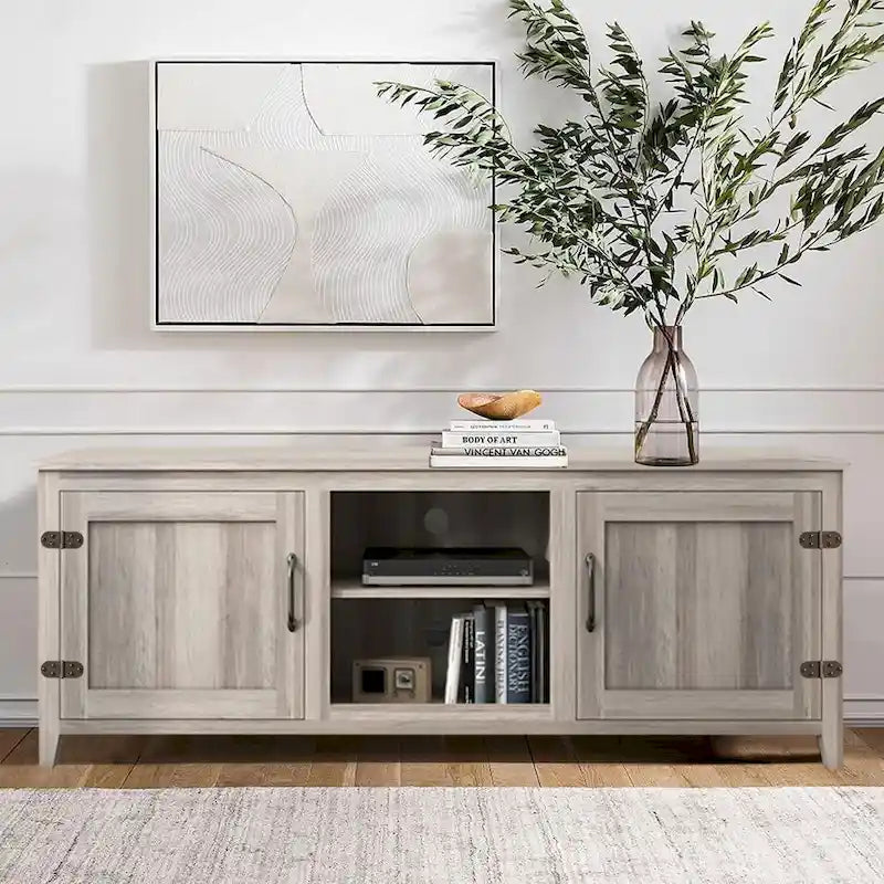 Meuble TV moderne Noyer / Gris / Noir avec portes de rangement et étagères ouvertes - Usage unique