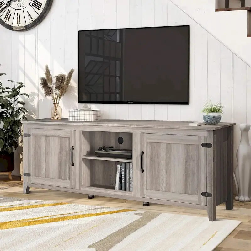 Meuble TV moderne Noyer / Gris / Noir avec portes de rangement et étagères ouvertes - Usage unique