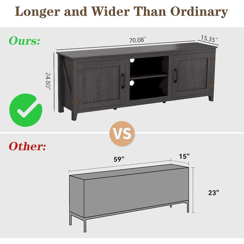 Meuble TV moderne Noyer / Gris / Noir avec portes de rangement et étagères ouvertes - Usage unique