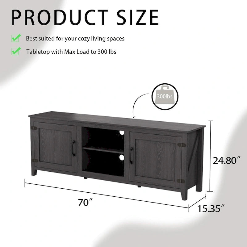 Meuble TV moderne Noyer / Gris / Noir avec portes de rangement et étagères ouvertes - Usage unique