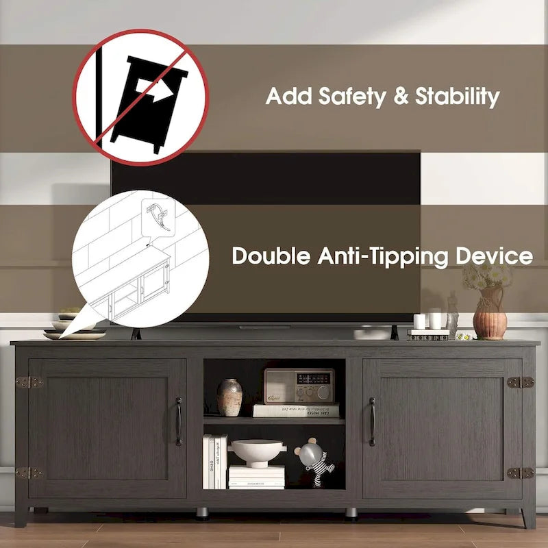 Meuble TV moderne Noyer / Gris / Noir avec portes de rangement et étagères ouvertes - Usage unique