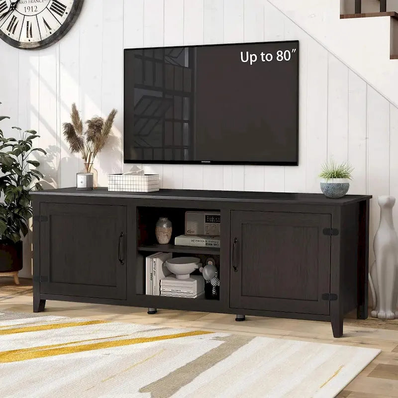 Meuble TV moderne Noyer / Gris / Noir avec portes de rangement et étagères ouvertes - Usage unique