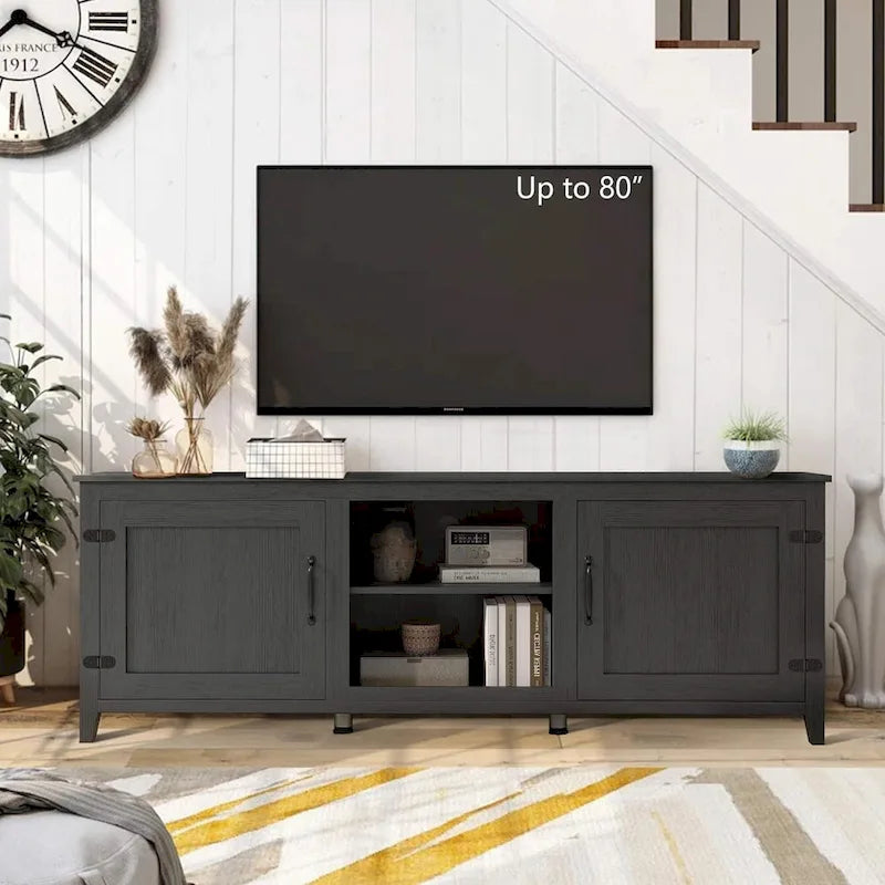 Meuble TV moderne Noyer / Gris / Noir avec portes de rangement et étagères ouvertes - Usage unique