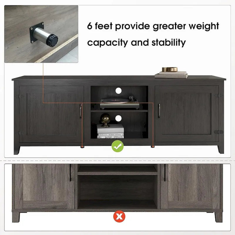 Meuble TV moderne Noyer / Gris / Noir avec portes de rangement et étagères ouvertes - Usage unique