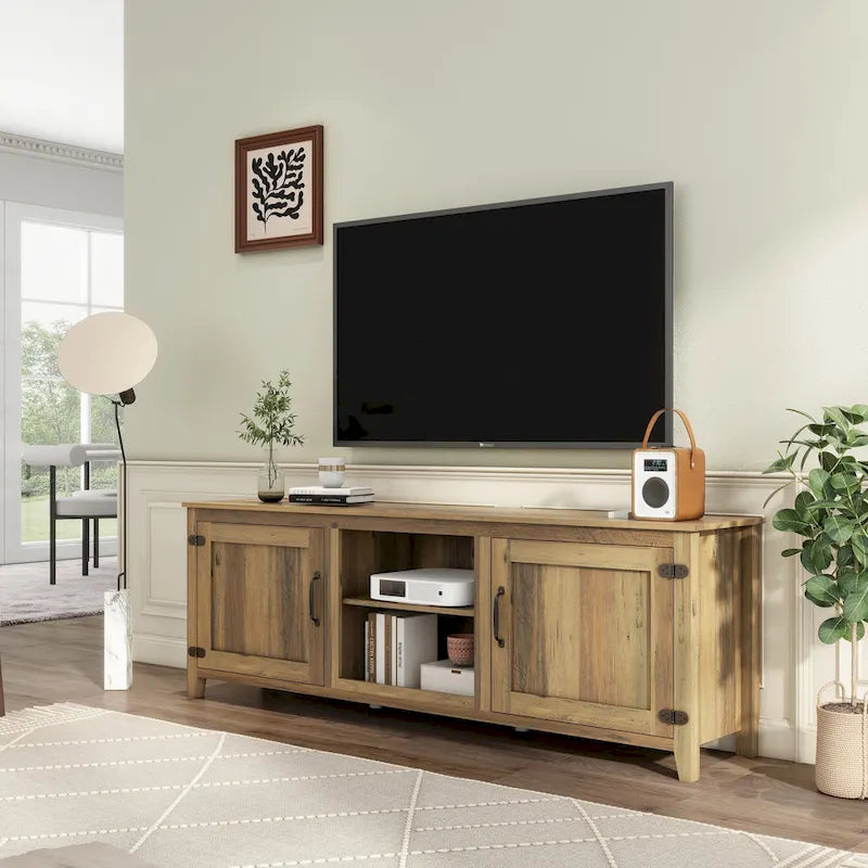 Meuble TV moderne Noyer / Gris / Noir avec portes de rangement et étagères ouvertes - Usage unique