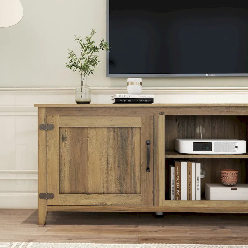 Meuble TV moderne Noyer / Gris / Noir avec portes de rangement et étagères ouvertes - Usage unique
