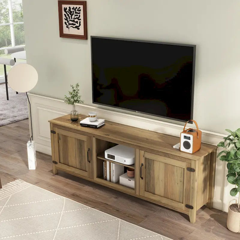 Meuble TV moderne Noyer / Gris / Noir avec portes de rangement et étagères ouvertes - Usage unique