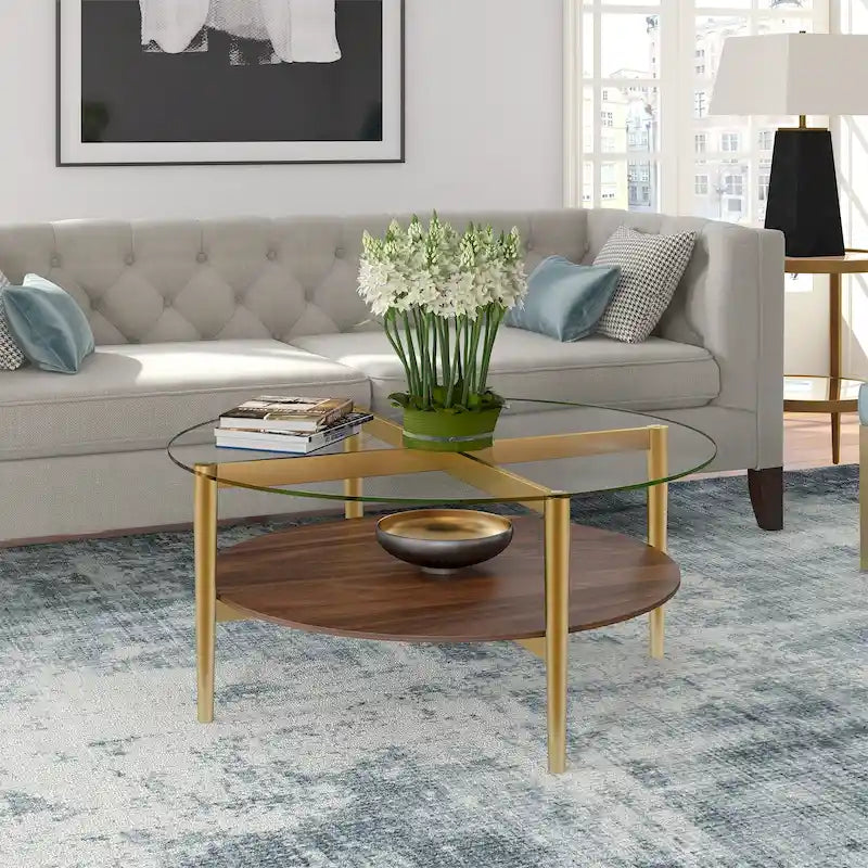 Table basse ronde moderne du milieu du siècle en verre trempé et cadre en acier, or/blanc – Usage unique