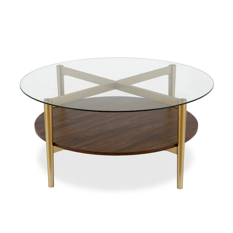 Table basse ronde moderne du milieu du siècle en verre trempé et cadre en acier, or/blanc – Usage unique