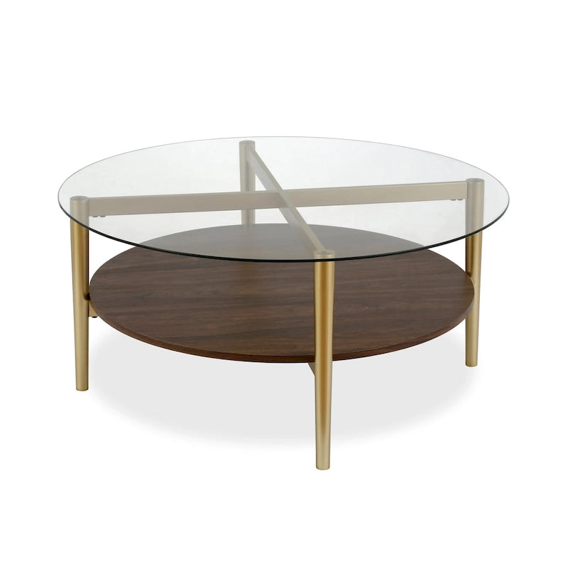 Table basse ronde moderne du milieu du siècle en verre trempé et cadre en acier, or/blanc – Usage unique