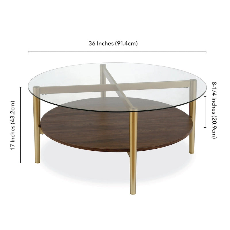 Table basse ronde moderne du milieu du siècle en verre trempé et cadre en acier, or/blanc – Usage unique