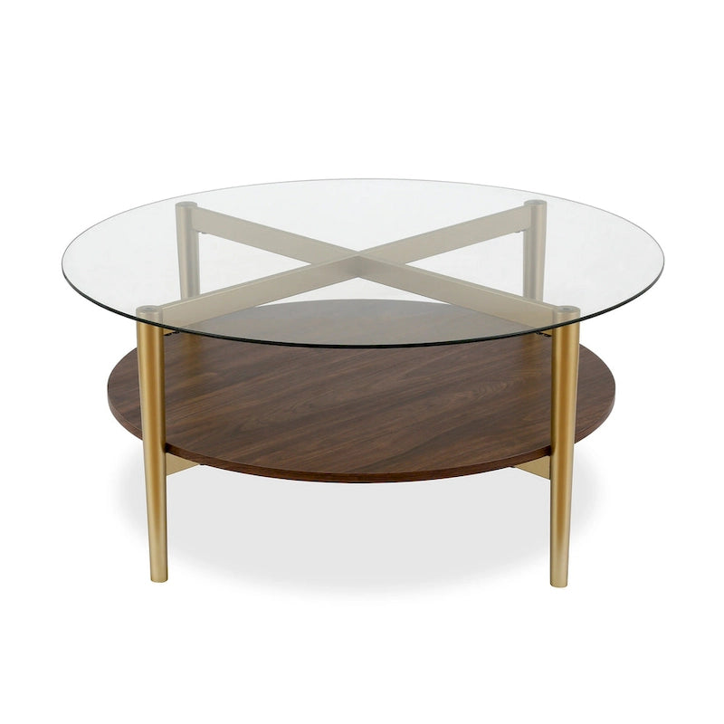Table basse ronde moderne du milieu du siècle en verre trempé et cadre en acier, or/blanc – Usage unique