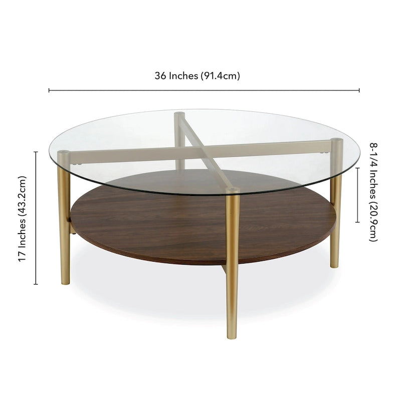 Table basse ronde moderne du milieu du siècle en verre trempé et cadre en acier, or/blanc – Usage unique