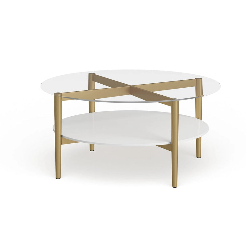Table basse ronde moderne du milieu du siècle en verre trempé et cadre en acier, or/blanc – Usage unique