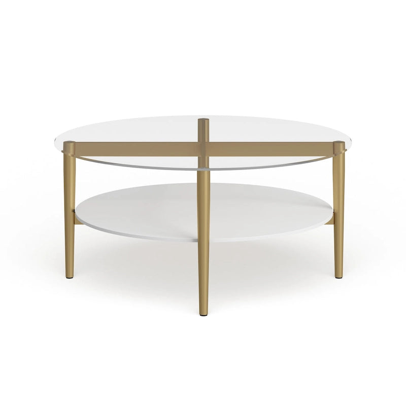 Table basse ronde moderne du milieu du siècle en verre trempé et cadre en acier, or/blanc – Usage unique