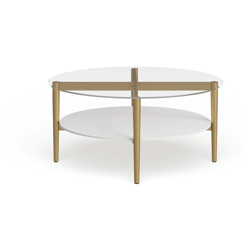 Table basse ronde moderne du milieu du siècle en verre trempé et cadre en acier, or/blanc – Usage unique