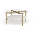 Table basse ronde moderne du milieu du siècle en verre trempé et cadre en acier, or/blanc – Usage unique