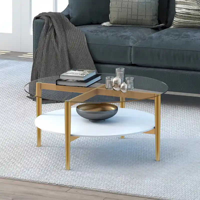 Table basse ronde moderne du milieu du siècle en verre trempé et cadre en acier, or/blanc – Usage unique