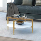 Table basse ronde moderne du milieu du siècle en verre trempé et cadre en acier, or/blanc – Usage unique