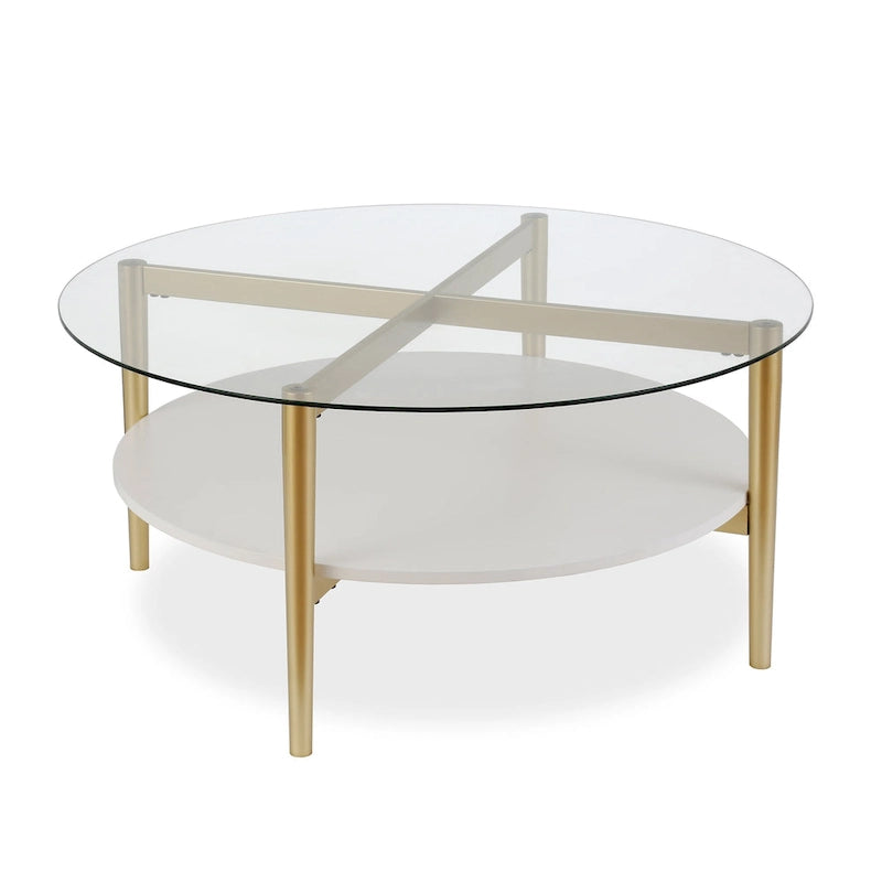 Table basse ronde moderne du milieu du siècle en verre trempé et cadre en acier, or/blanc – Usage unique