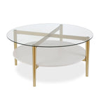 Table basse ronde moderne du milieu du siècle en verre trempé et cadre en acier, or/blanc – Usage unique