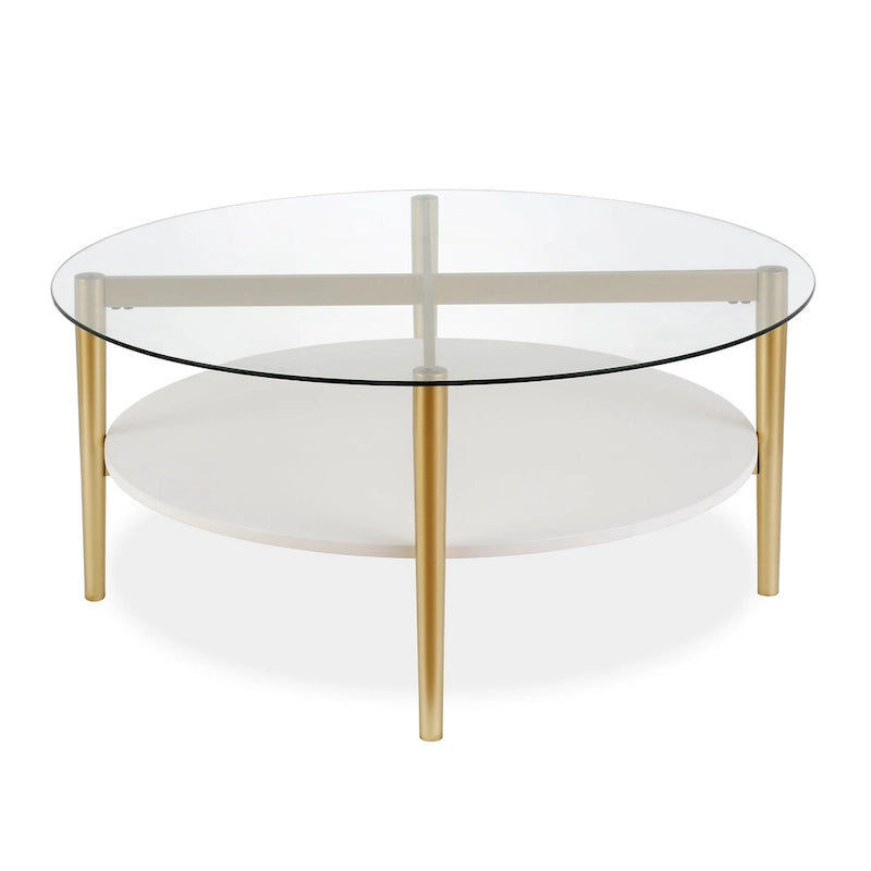 Table basse ronde moderne du milieu du siècle en verre trempé et cadre en acier, or/blanc – Usage unique