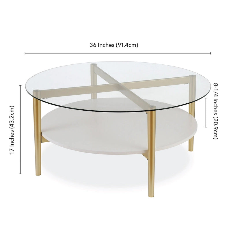 Table basse ronde moderne du milieu du siècle en verre trempé et cadre en acier, or/blanc – Usage unique