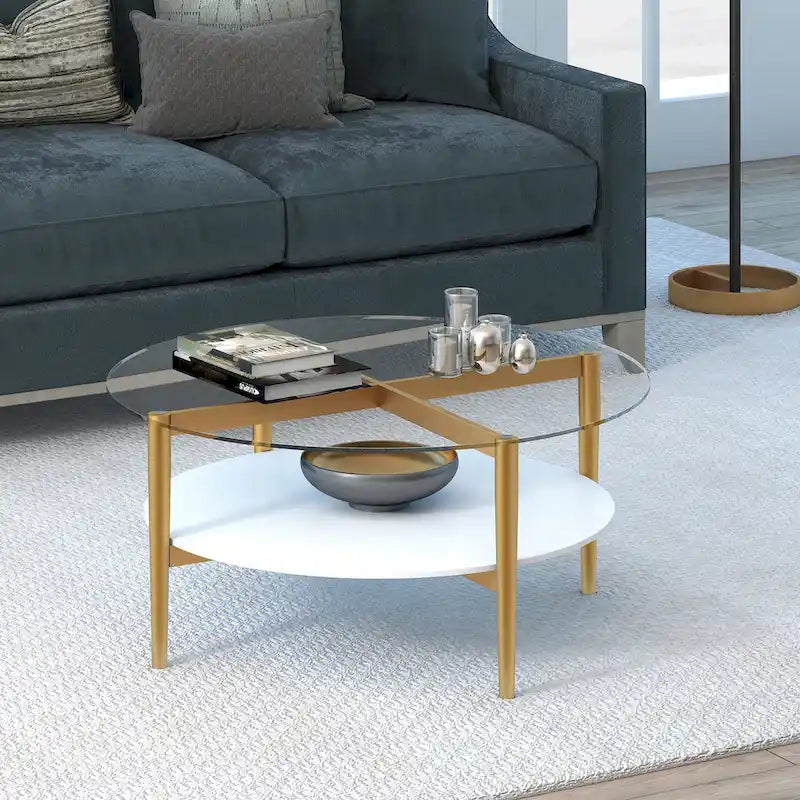 Table basse ronde moderne du milieu du siècle en verre trempé et cadre en acier, or/blanc – Usage unique