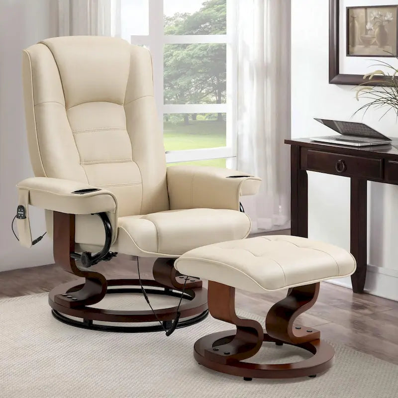 Fauteuil de massage inclinable en cuir PU noir/beige avec ottoman et pivotement à 360° - Usage individuel