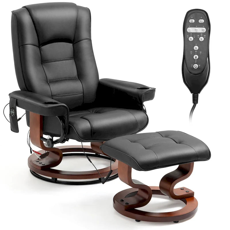 Fauteuil de massage inclinable en cuir PU noir/beige avec ottoman et pivotement à 360° - Usage individuel