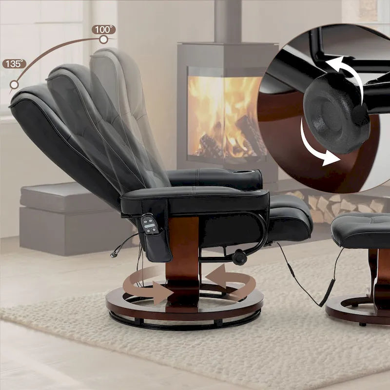 Fauteuil de massage inclinable en cuir PU noir/beige avec ottoman et pivotement à 360° - Usage individuel