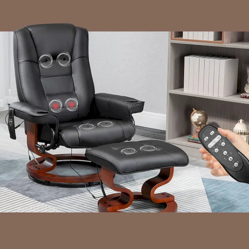 Fauteuil de massage inclinable en cuir PU noir/beige avec ottoman et pivotement à 360° - Usage individuel