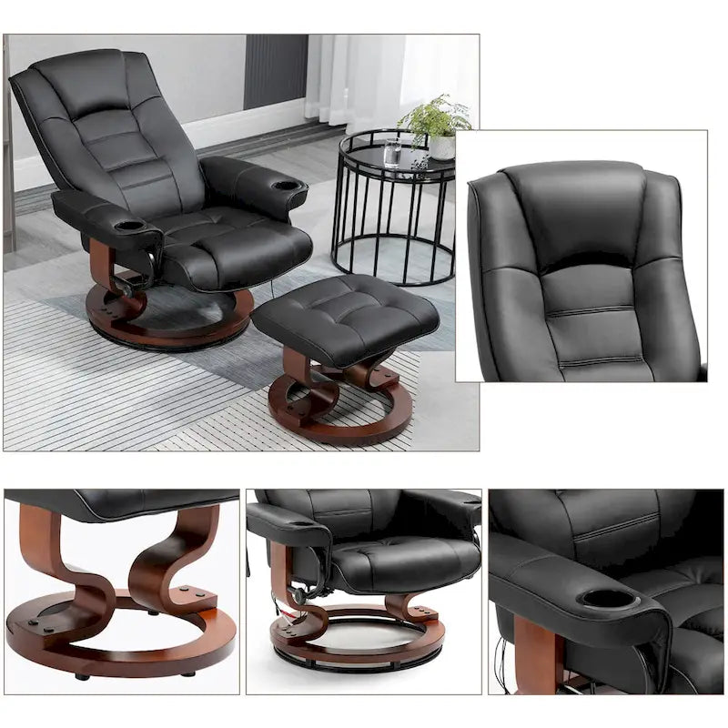 Fauteuil de massage inclinable en cuir PU noir/beige avec ottoman et pivotement à 360° - Usage individuel