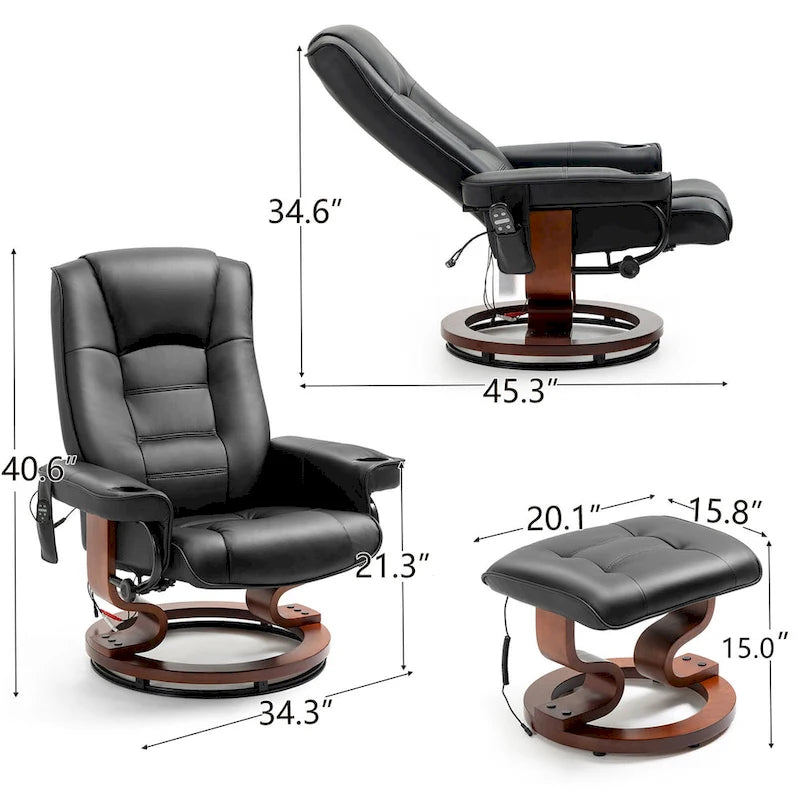 Fauteuil de massage inclinable en cuir PU noir/beige avec ottoman et pivotement à 360° - Usage individuel