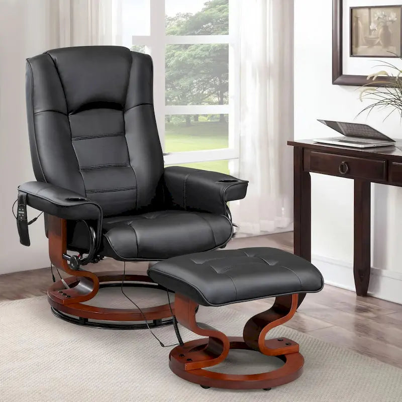 Fauteuil de massage inclinable en cuir PU noir/beige avec ottoman et pivotement à 360° - Usage individuel