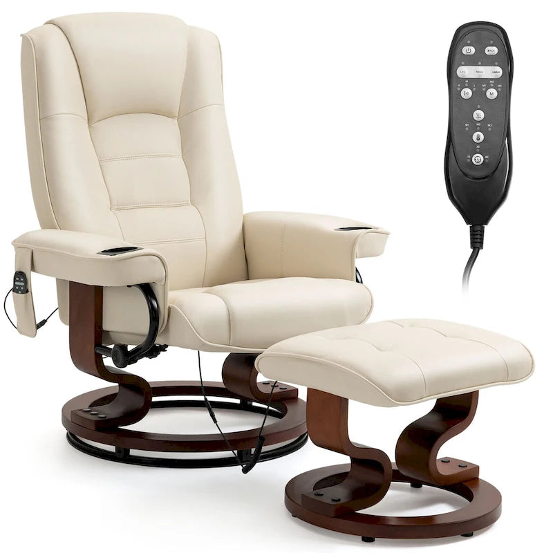 Fauteuil de massage inclinable en cuir PU noir/beige avec ottoman et pivotement à 360° - Usage individuel